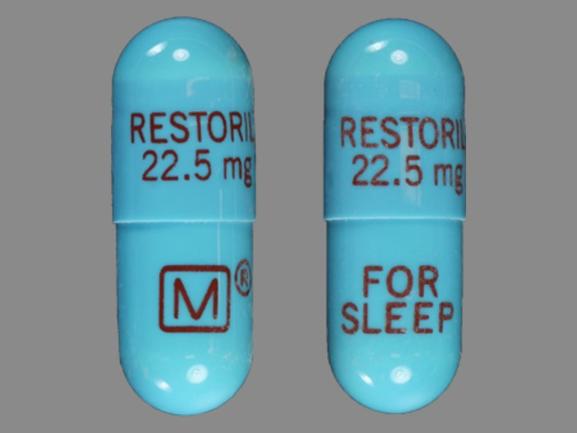 Pill RESTORIL 22.5 mg M FOR SLEEP Blue Capsule/Oblong is Restoril