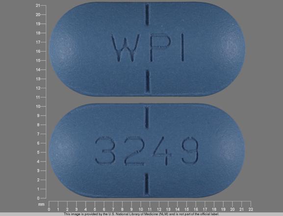 Pill WPI 3249 Blue Capsule/Oblong is Valacyclovir Hydrochloride