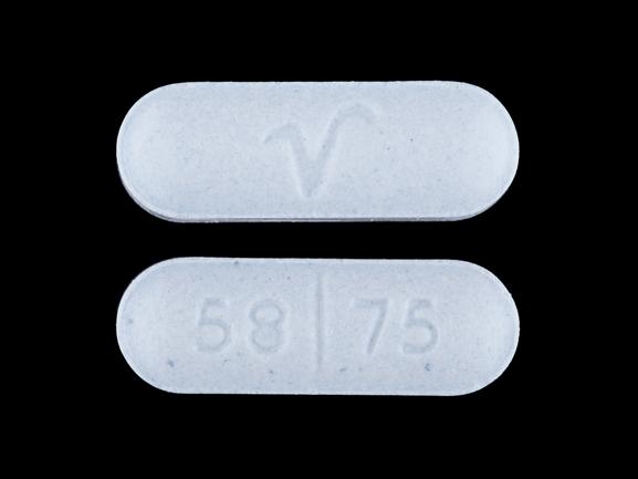 Pill 58 75 V Blue Capsule/Oblong is Sotalol Hydrochloride