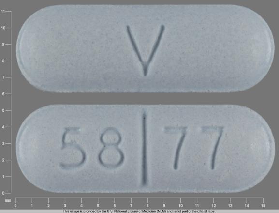 Pill 58 77 V Blue Capsule/Oblong is Sotalol Hydrochloride