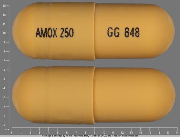 Pill GG 848 AMOX 250 Yellow Capsule-shape is Amoxicillin