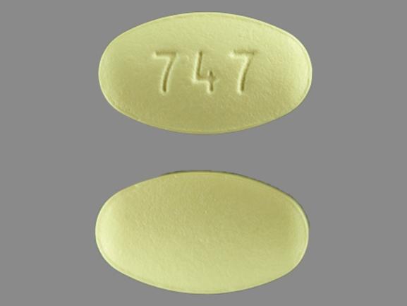 Pill 747 Yellow Elliptical/Oval is Hydrochlorothiazide and Losartan Potassi...