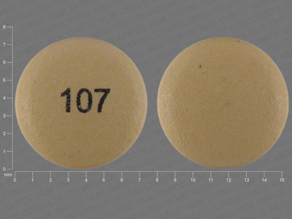 Pill 107 Yellow Round is Rabeprazole Sodium Delayed-Release