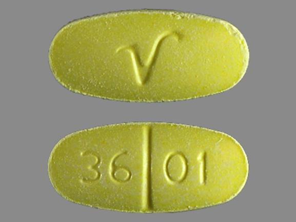 Pill V 36 01 Yellow Elliptical/Oval is Acetaminophen and Hydrocodone Bitart...