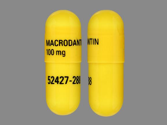 Pill MACRODANTIN 100 mg 52427-288 Yellow Capsule/Oblong is Nitrofurantoin (Macrocrystals)