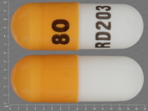 Pill 80 RD203 Orange & White Capsule-shape is Propranolol Hydrochloride Extended-Release