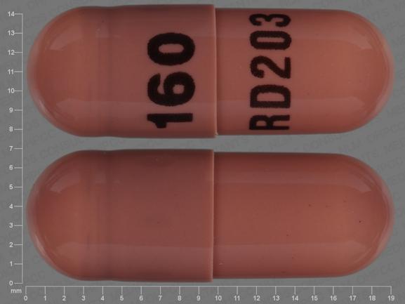 Pill 160 RD203 Brown Capsule/Oblong is Propranolol Hydrochloride Extended-Release