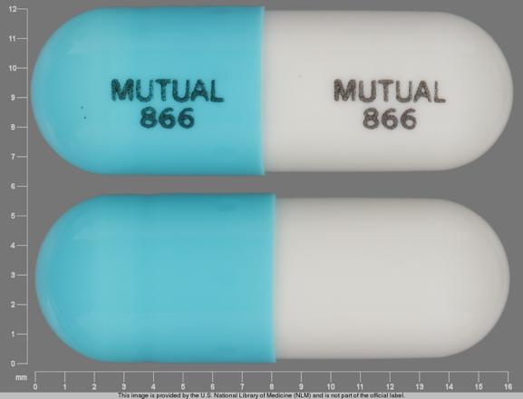 Pill MUTUAL 866 MUTUAL 866 Turquoise & White Capsule-shape is Temazepam