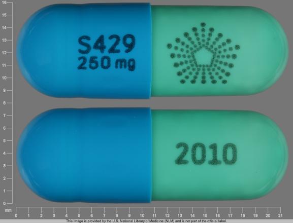 Pill S429 250 mg Logo 2010 Blue Capsule-shape is Pentasa