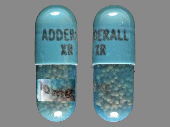Pill ADDERALL XR 10 mg Blue Capsule-shape is Adderall XR