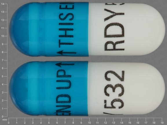 Pill THIS END UP RDY 532 Blue & White Capsule-shape is Divalproex Sodium Delayed-Release (Sprinkle)