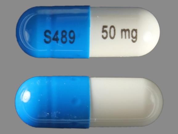 Pill S489 50 mg Blue & White Capsule/Oblong is Vyvanse