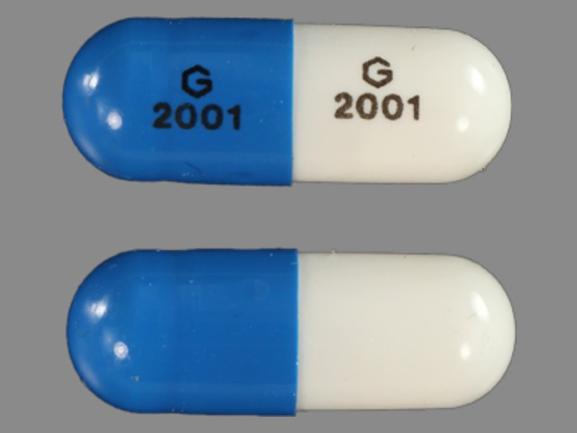 Pill G 2001 G 2001 Blue & White Capsule-shape is Ziprasidone Hydrochloride