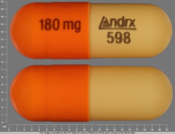 Pill 180 mg Andrx 598 Orange Capsule/Oblong is Cartia XT