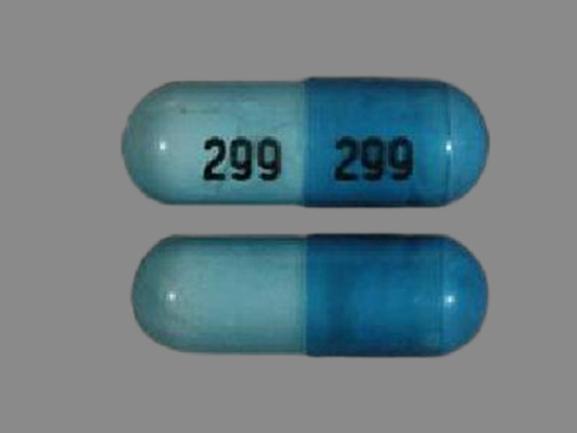 Pill 299 299 Blue Capsule/Oblong is Phenytoin Sodium Extended