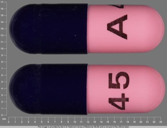 A 45 Pill Blue & Pink Capsule/Oblong - Pill Identifier