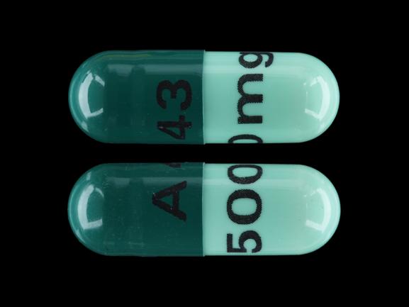 Pill A 43 500 mg Green Capsule/Oblong is Cephalexin Monohydrate