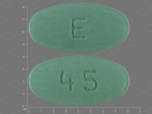 Pill E 45 Green Elliptical/Oval is Losartan Potassium