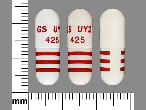 Pill GS UY2 425 Red & White Capsule-shape is Propafenone Hydrochloride Extended Release