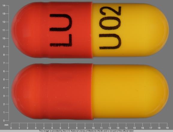 Pill LU U02 Brown & Yellow Capsule-shape is Imipramine Pamoate