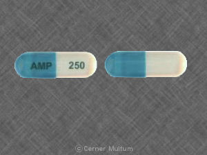 Pill AMP 250 Blue & White Capsule/Oblong is Ampicillin