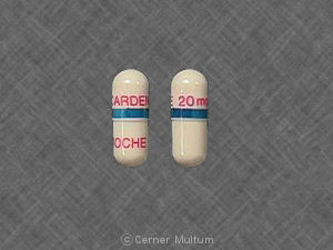 Pill CARDENE 20 mg ROCHE Blue & White Capsule/Oblong is Cardene