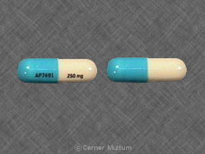 Pill AP7491 250 mg Turquoise & White Capsule/Oblong is Cefaclor