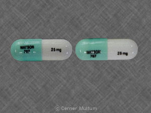 Pill WATSON 787 25mg Green & White Capsule/Oblong is Chlordiazepoxide Hydrochloride