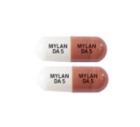 Pill MYLAN DA 5 MYLAN DA 5 Brown & White Capsule/Oblong is Dextroamphetamine Sulfate Extended-Release