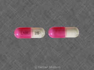 Pill LNK 25 Pink & White Capsule/Oblong is DiphenhydrAMINE Hydrochloride