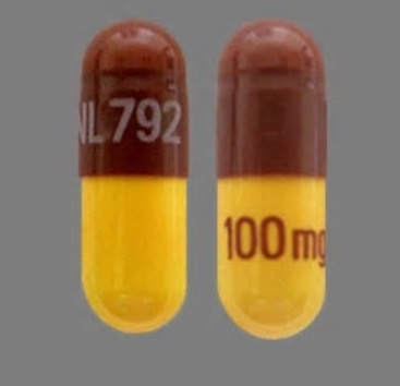 Pill NL 792 100 mg Brown & Yellow Capsule-shape is Doxycycline Monohydrate