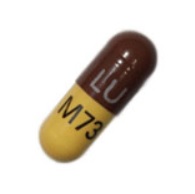 Pill LU M73 Brown & Yellow Capsule-shape is Doxycycline Monohydrate