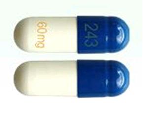 Pill 243 60 mg Blue & White Capsule/Oblong is Duloxetine Hydrochloride Delayed-Release