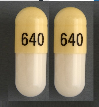 Pill 640 Yellow & White Capsule/Oblong is Dutasteride and Tamsulosin Hydrochloride