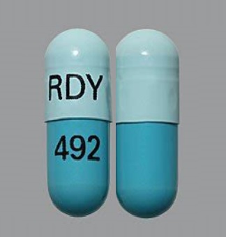 Pill RDY 492 Blue Capsule-shape is Esomeprazole Magnesium Delayed-Release