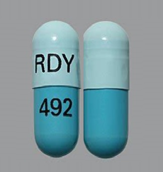 Pill RDY 492 Blue Capsule/Oblong is Esomeprazole Magnesium Delayed-Release