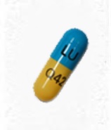 Pill LU Q42 Blue & Yellow Capsule/Oblong is Fenofibric Acid Delayed-Release