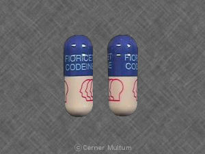 Pill FIORICET CODEINE LOGO PROFILES Blue & Peach Capsule-shape is Fioricet with Codeine