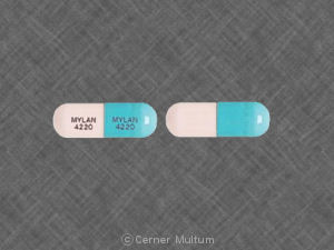Pill MYLAN 4220 MYLAN 4220 Blue & Pink Capsule-shape is Fluoxetine Hydrochloride
