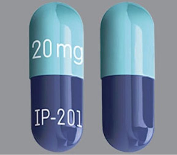 Pill IP 201 20 mg Blue Capsule/Oblong is Indomethacin