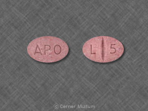 Pill APO L 5 Red Elliptical/Oval is Lisinopril