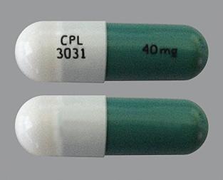 Pill CPL 3031 40 mg Green & White Capsule/Oblong is Gleostine