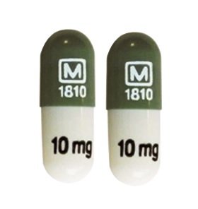 Pill M 1810 10 mg Green & White Capsule-shape is Methylphenidate Hydrochloride Extended-Release