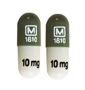 Pill M 1810 10 mg Green & White Capsule/Oblong is Methylphenidate Hydrochloride Extended-Release