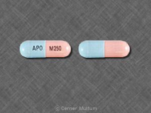 Pill APO M250 Blue & Pink Capsule/Oblong is Mycophenolate Mofetil