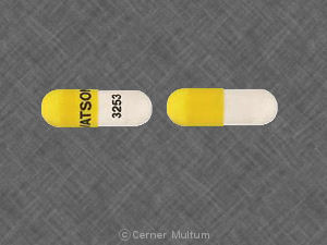 Pill WATSON 3253 White & Yellow Capsule-shape is Nitrofurantoin (Macrocrystals)
