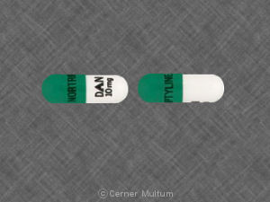 Pill NORTIPTYLINE DAN 10 mg Green & White Capsule/Oblong is Nortriptyline Hydrochloride