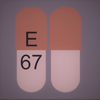 Pill E 67 Brown Capsule/Oblong is Omeprazole Delayed-Release