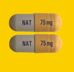 Pill NAT 75 mg Gray & Yellow Capsule/Oblong is Oseltamivir Phosphate