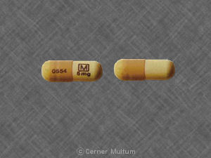 Pill 0554 M 5 mg Brown & Yellow Capsule/Oblong is Oxycodone Hydrochloride